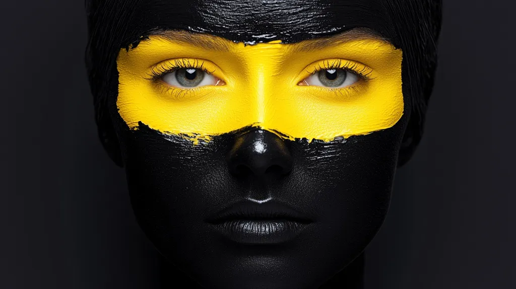 The image shows a woman's face painted in black and yellow.  The yellow paint is applied in a bold, angular stripe across her forehead, covering her eyes and brow bone.  The rest of her face is painted black, creating a stark contrast.  Her eyes are visible, and they are a piercing blue.  The image is striking and dramatic.