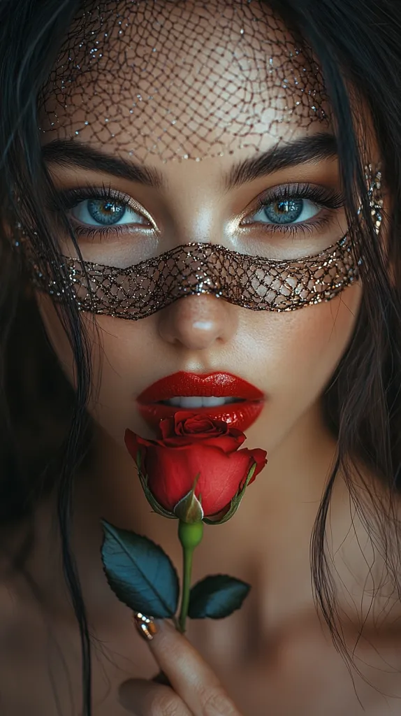 A young woman with long black hair is wearing a black lace mask over her eyes. She is looking at the camera with a soft expression. Her lips are painted a bright red, and she is holding a single red rose in front of her face. The image has a soft and romantic feel.