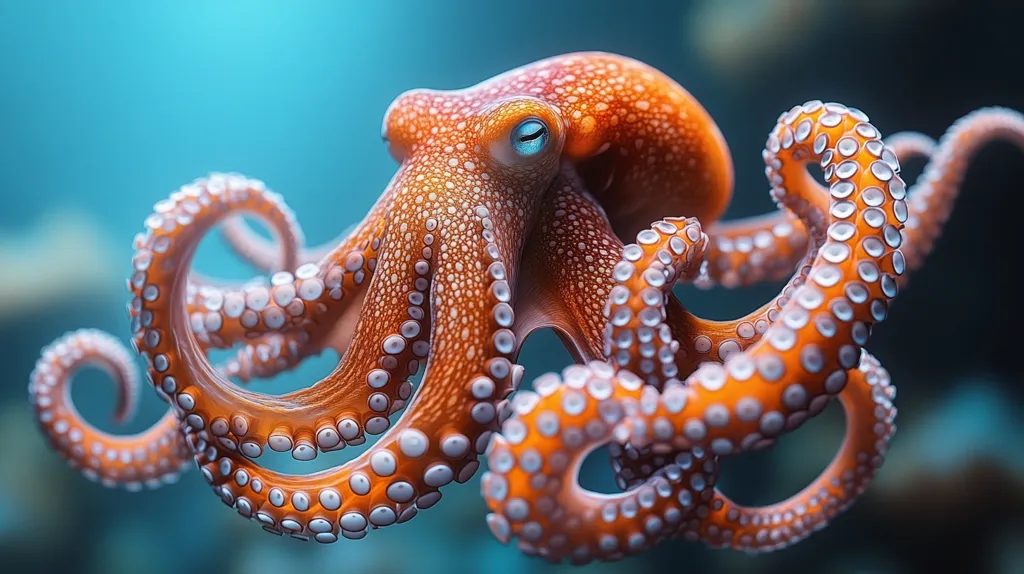 The image shows a close-up of an octopus, with its orange and white mottled skin and numerous tentacles. Its large, blue eye stares directly at the viewer. The octopus's tentacles are covered in suckers, creating a textured and intriguing surface. The image captures the beauty and complexity of this intelligent creature.