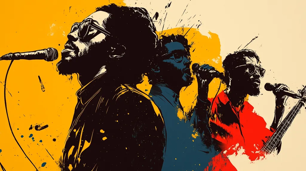 The image is a stylized illustration of three musicians. The image is in black and white, with splashes of yellow, red, and blue paint. The musicians are singing into microphones, and the one on the right is also playing a guitar. The background is a textured yellow and beige. The image captures the energy and excitement of a live music performance.