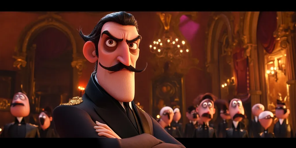 The image shows a close-up of a cartoon character, a man with a large mustache and a stern expression. He is dressed in a dark suit and appears to be in a grand ballroom. The background features a blurry gathering of other cartoon characters, suggesting a social gathering.  The image conveys an air of formality and authority.