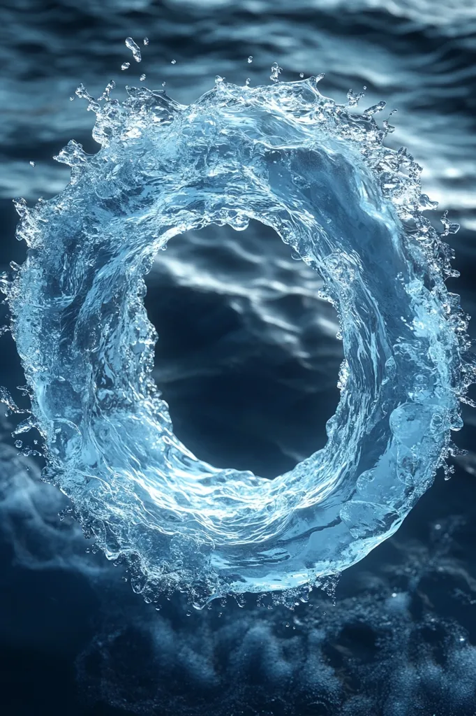 A swirling vortex of water creates a perfect circle, suspended above a dark blue, rippling surface. The water is translucent, revealing the depth and movement beneath. The light catches the droplets, highlighting their icy brilliance. The overall effect is both serene and powerful, evoking a sense of both calm and boundless energy.