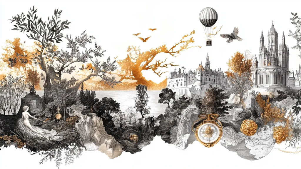 A whimsical and surreal collage depicting a fantastical landscape. A large tree with gold-tinged leaves stands in the foreground, while a castle and hot air balloon float above a lake.  The scene is filled with intricate details and symbolism, including a nude woman, birds in flight, a compass, and a map. The overall effect is one of wonder and enchantment.
