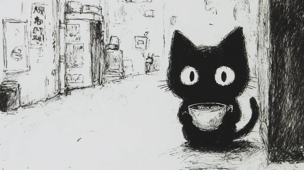 The black and white sketch depicts a black cat sitting in a narrow alleyway. The cat is drawn in detail, with large, round eyes and a bowl in its paws. The alleyway is simple, featuring an open doorway and a building on the right. The scene is drawn in a stylized manner, with rough lines and textures. The image evokes a sense of loneliness and isolation.