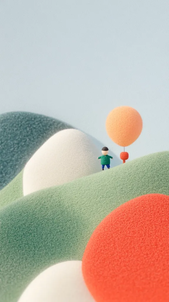 A small green figure stands on a green hill in front of an orange balloon. The figure is looking at the balloon, which is tethered to a red stick in the ground. The hills are soft and textured, with a white hill in the background. The image is simple and minimalist, creating a feeling of serenity.