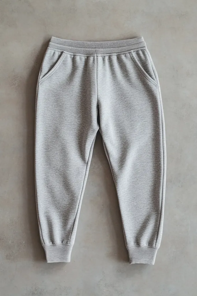A pair of gray sweatpants with elastic waistband and cuffs. They have two pockets on the front and are laid flat on a gray background. The fabric appears soft and comfortable.  The sweatpants are simple and casual, perfect for lounging or working out.