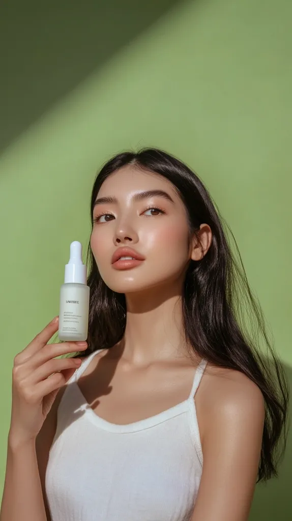 A young woman with long black hair is holding a bottle of serum in front of a green background. She is wearing a white tank top. Her skin looks smooth and radiant.  Her expression is soft and natural, with a hint of a smile.  The light casts a soft shadow on her face and body. The photo has a clean and minimalist aesthetic.