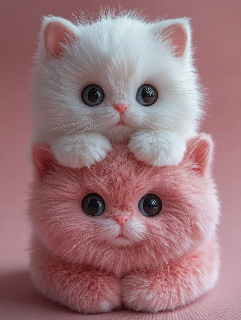 Two kittens, one white and one pink, are stacked on top of each other. The white kitten is on top, with its paws resting on the pink kitten's head. Both kittens have large, round eyes and are looking directly at the viewer. The background is a soft pink.  The image is cute and cuddly.