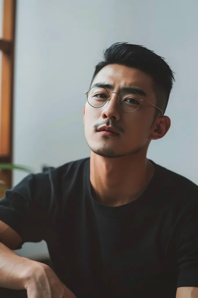 The image shows a young man with short black hair wearing round, gold-rimmed glasses. He is wearing a black t-shirt and has a serious expression on his face. He is looking directly at the camera, and the background is a plain white wall. The image is lit from the front, highlighting the man's features. The overall impression is one of coolness and intensity.