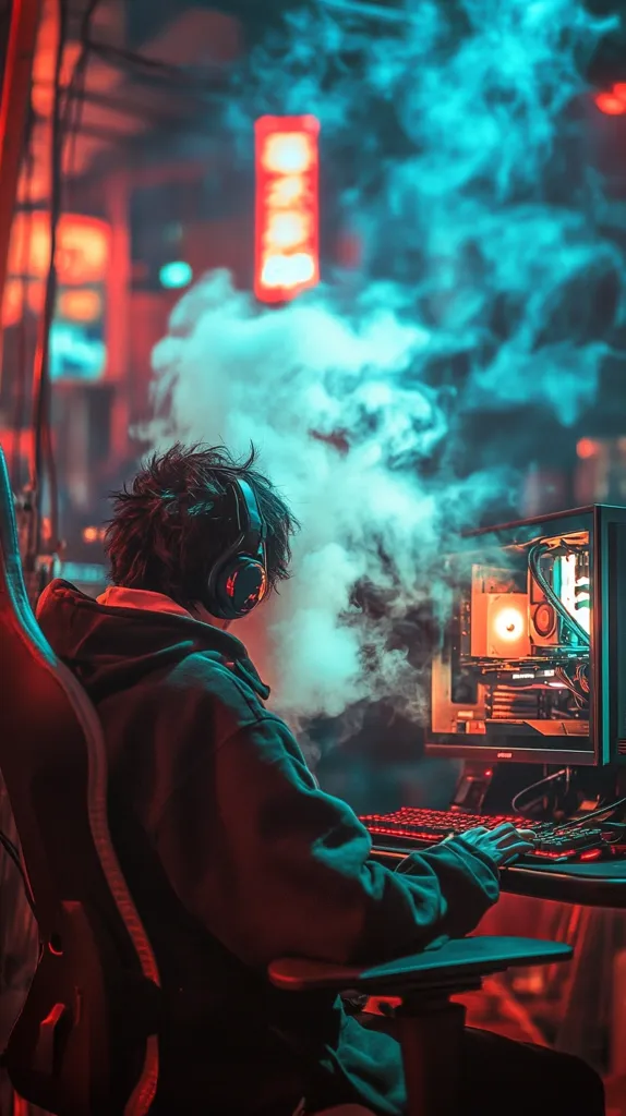 A gamer sits in a dimly lit room, bathed in blue and red light. They are wearing headphones and are focused on a computer screen, illuminated by a glowing desktop PC. The room is filled with thick, swirling smoke, adding to the mysterious and atmospheric feel. The gamer's silhouette is partially obscured by the smoke, creating a sense of intensity and focus.