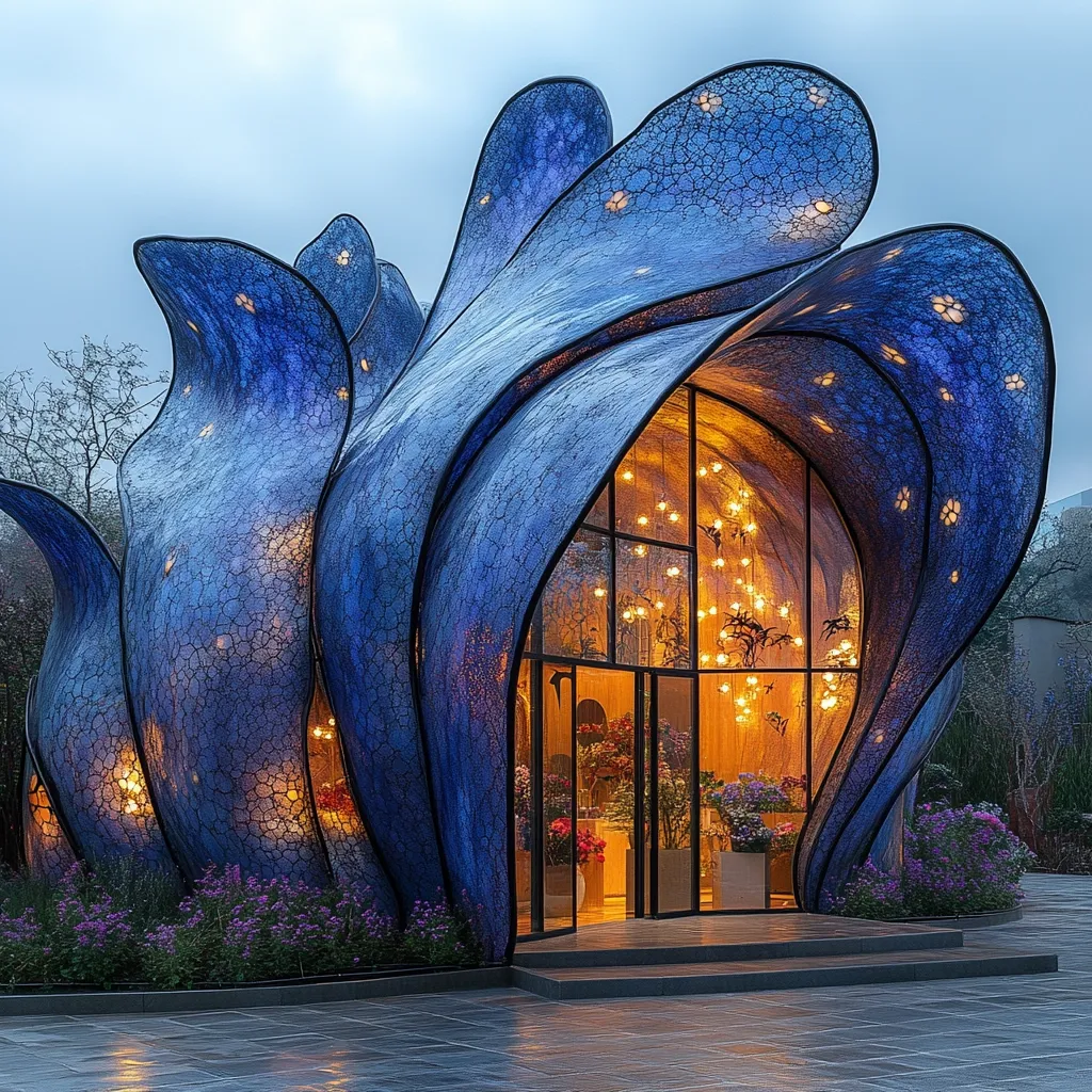 A modern, futuristic building, resembling a flower bud, with blue glass panels and a large glass door. The interior is illuminated with warm, ambient lighting, giving the building a whimsical and ethereal feel. The building is surrounded by lush greenery, further enhancing its beauty. The exterior features intricate details and a unique shape, showcasing a blend of artistry and architectural innovation.