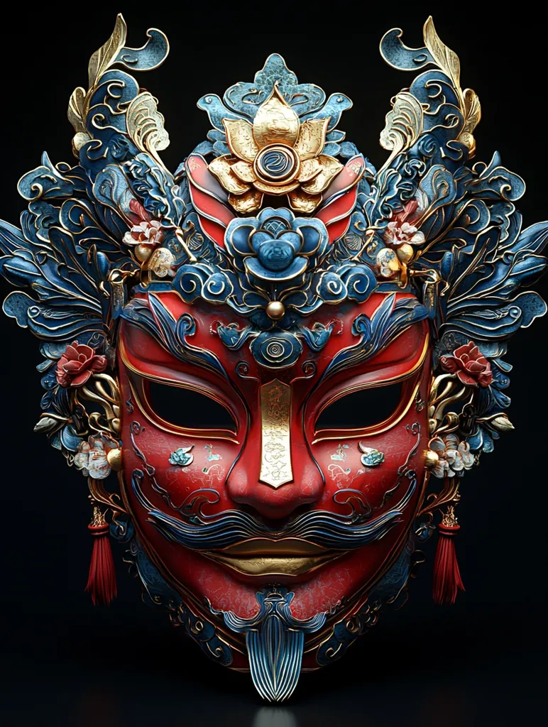 A striking, intricate mask, crafted in a traditional Chinese style. It features a bold red face with elaborate blue and gold embellishments.  The mask's eyes are black and hollow, and its mouth is slightly upturned, creating a playful expression. The mask's details, including the intricate floral patterns and flowing lines, create a sense of movement and life. The mask is adorned with a gold lotus flower and tassels, adding to its opulent and festive feel.  The mask is displayed against a black background, highlighting its vibrant colors and intricate details.