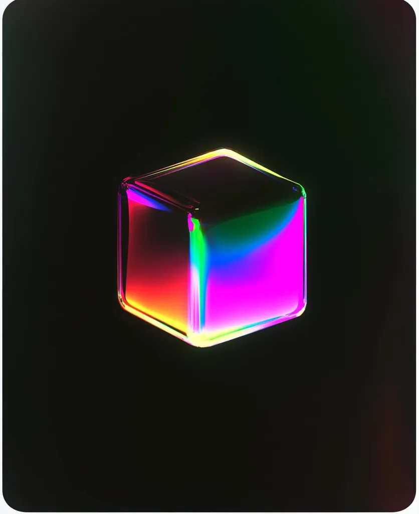 A 3D rendered, iridescent, cube-shaped object is positioned against a black background. The cube reflects a rainbow of colors, including red, orange, yellow, green, blue, and purple, giving it a vibrant and otherworldly appearance. The object is centered in the frame and casts a soft, shimmering glow.