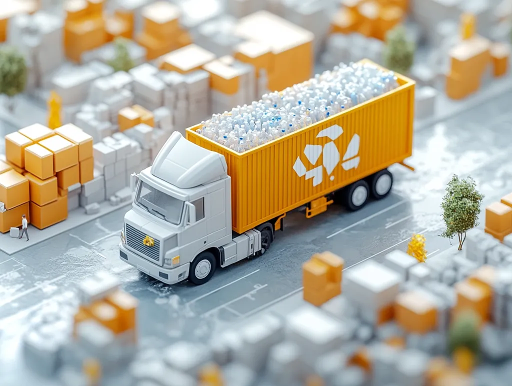 A toy truck is driving down a miniature city street. The truck is yellow and white and is carrying a load of plastic bottles in its cargo bed. The truck is driving past buildings and other miniature structures, suggesting that it is delivering its cargo to a local recycling center. The truck's design and the way it's portrayed in the image convey a message of environmental responsibility and resource management.