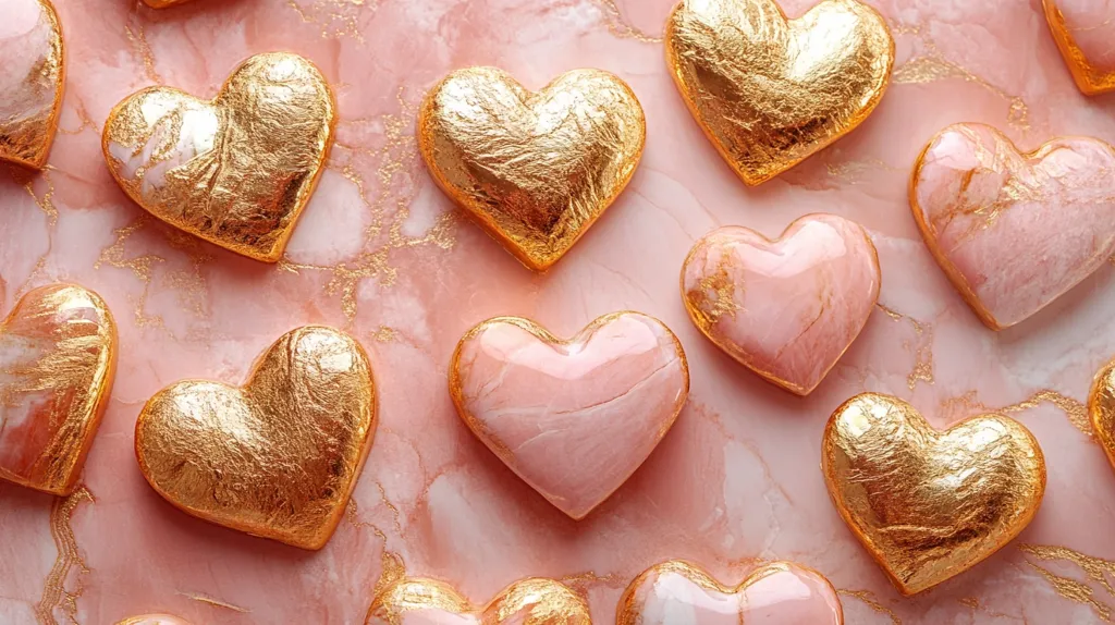 A collection of heart-shaped objects, some are pink with white marbling and some are gold with a foil finish, are scattered over a pink and white marbled surface. The hearts are arranged in a chaotic pattern, with some overlapping.