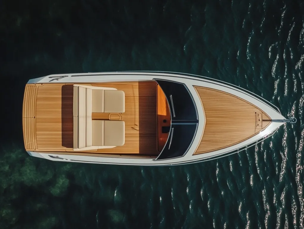 An aerial view of a white and wooden speedboat in the water. The boat is sleek and modern, with a large sunbathing area in the back. The water is a deep blue color, and the sun is shining. The boat is stationary, but the ripples in the water suggest that it has recently been moving. The boat has a black windshield and a wooden deck.