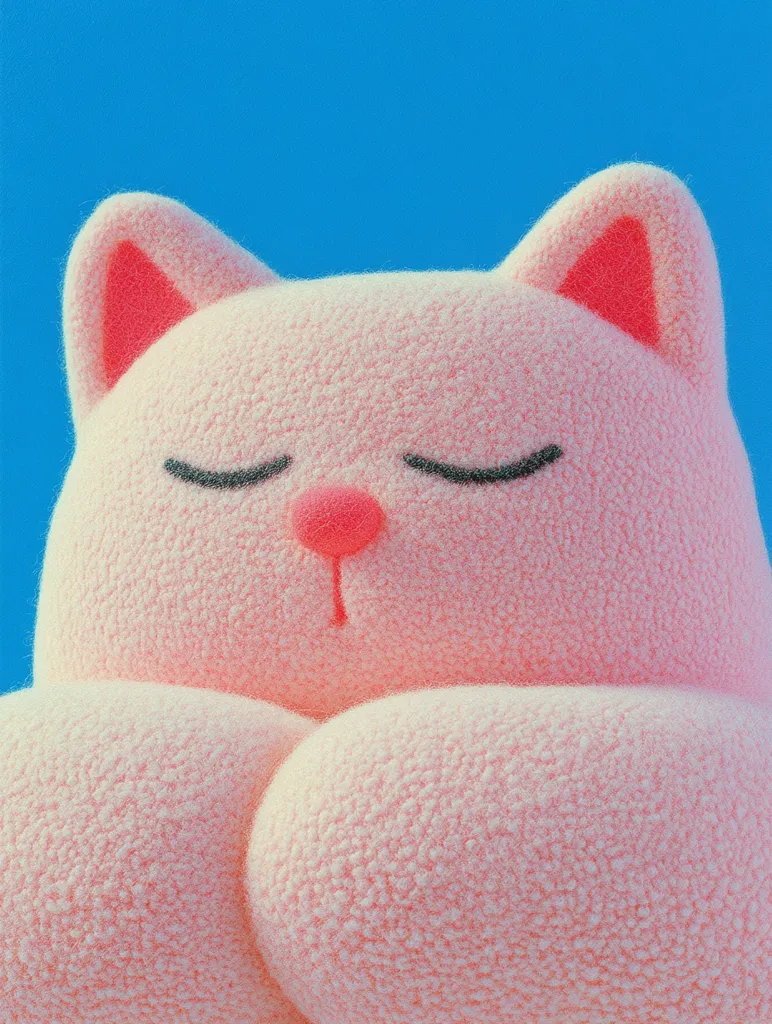 A plush pink cat with large, fluffy ears and a small pink nose is shown sleeping with its eyes closed against a bright blue background. The cat's fur is soft and textured, and it appears to be resting comfortably. The image is simple and charming, with a whimsical and childlike feel.  The blue background provides a striking contrast to the pink cat, highlighting its fluffy texture and making it the central focus of the image.