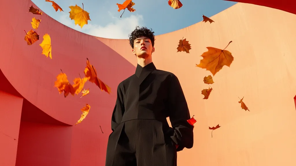 A young man with curly hair and a serious expression stands in front of a bright pink and peach wall. He is wearing a black long-sleeved shirt and black pants. Autumn leaves are falling around him, some of them are orange, some are brown. The background is a smooth, curved wall.