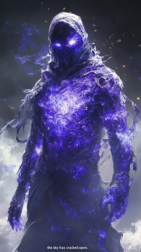 A shadowy figure, made of swirling purple energy, stands against a dark sky. The figure is cloaked in a hooded garment that is also made of the same energy, its eyes glowing with an ethereal light. The figure is surrounded by a swirling mist, and its form is indistinct and ethereal. It appears as if the sky has cracked open, revealing the figure within.