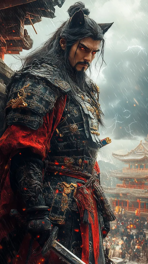 The image shows a man with long black hair and cat ears, dressed in elaborate armor with a red and black color scheme. He stands in a dark and dramatic setting, with lightning flashing in the background. Rain falls heavily around him, adding to the sense of intensity. The man's expression is stern and focused, suggesting a warrior ready for battle. He holds a sword, ready to defend against any threat. The image is a visual representation of power and determination, highlighting the mythical and majestic qualities of its subject.