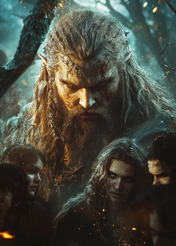 The image depicts a fierce-looking man with long, flowing hair and a thick beard. He has a scar on his face, indicating a past battle. He is looking down with a serious expression, suggesting a moment of intense focus or determination. The background is obscured by a blur of trees and foliage, giving the impression of a wild and natural setting. Other figures are partially visible, adding a sense of a larger story or group dynamic. The overall mood is one of danger and impending action.