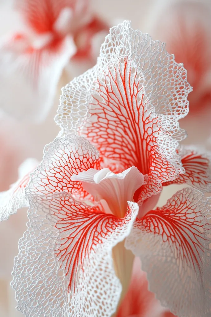 A delicate white flower with a delicate red lace pattern on the petals. The flower is in focus, while the background is blurry. The image is a close-up of the flower, highlighting its intricate details. The flower looks soft and delicate, like lace.  The image is likely taken in a garden or a greenhouse.