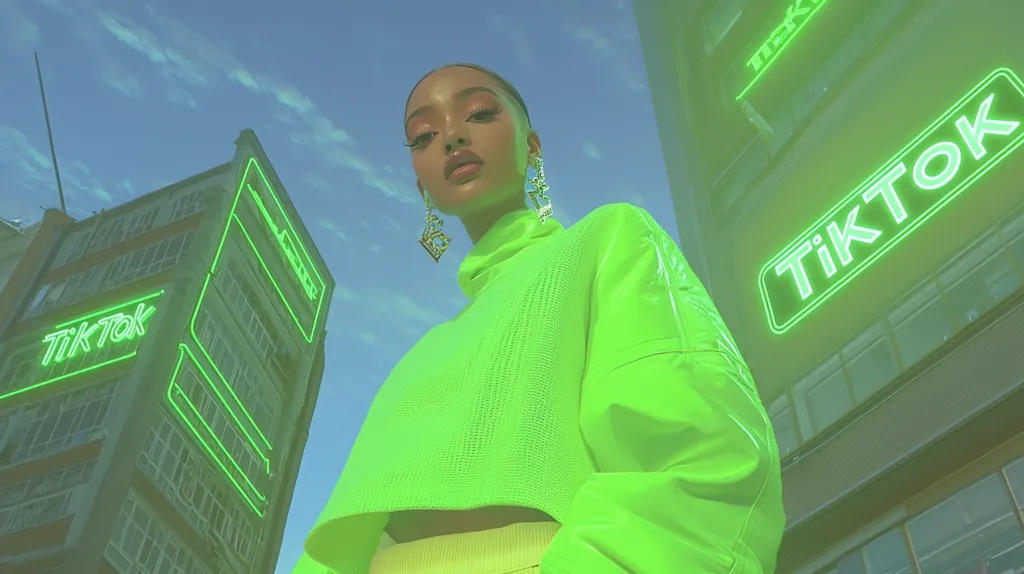 A young woman in a bright green sweater and jacket looks up at a building with neon green "TikTok" signs. The sky is a hazy blue, with white clouds, and the overall scene is a vibrant and modern take on urban life. The colors are bold and saturated, creating a striking visual contrast.