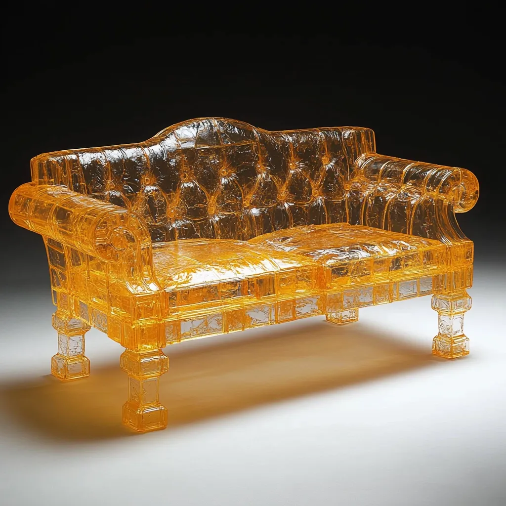 A translucent yellow sofa with a traditional design, made from a material that resembles glass or plastic. The sofa has a tufted back and seat, rolled arms, and four legs with a square-shaped base. The sofa is sitting on a white, slightly textured surface.  The sofa has a unique, almost ethereal quality.