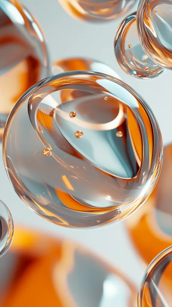 The image shows a close-up of several transparent, spherical objects. The spheres are filled with a liquid that appears to be a light orange color. The spheres are partially overlapping, creating a sense of depth and dimension. The background is a soft, white color. The image has a clean, modern aesthetic.