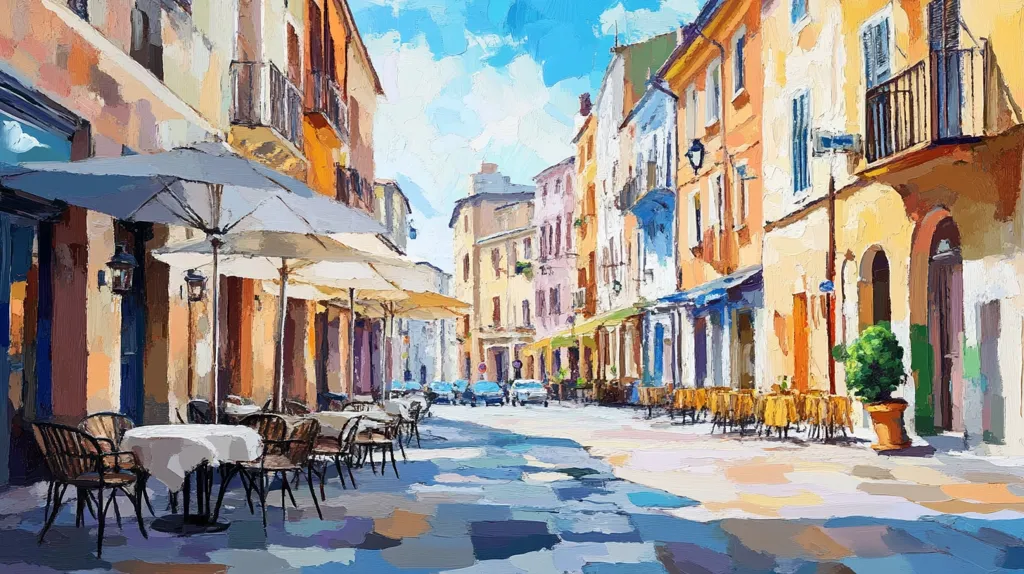 The painting depicts a charming European street scene, with vibrant colors and a relaxed atmosphere. The sun shines on colorful buildings, casting long shadows on the cobblestone street. A cafe with white umbrellas and tables is filled with patrons. The scene is framed by a large, open doorway. The artwork captures the essence of a quaint and bustling European town.