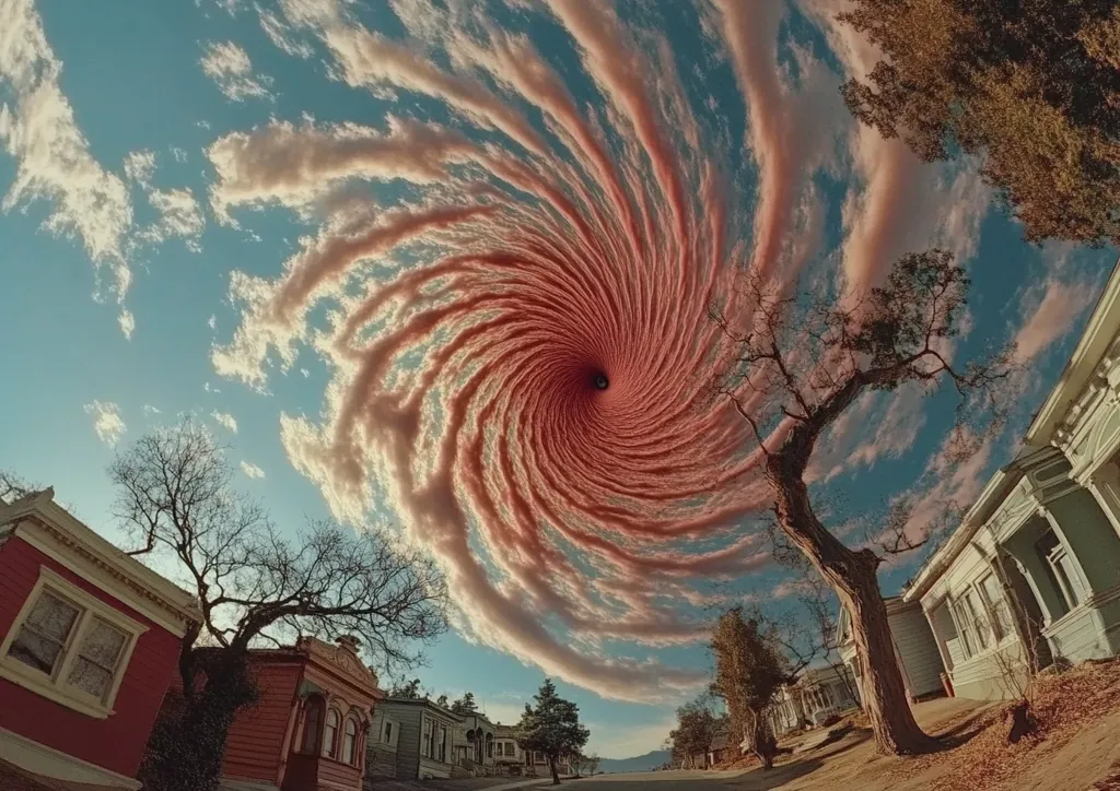 The image shows a swirling vortex of pink clouds in the sky, creating a hypnotic visual effect. The sky is a vibrant blue, and the clouds are thick and textured. In the foreground, there are houses and trees, giving the image a surreal and otherworldly feel. The image is a striking example of the power of nature to create beauty and wonder.
