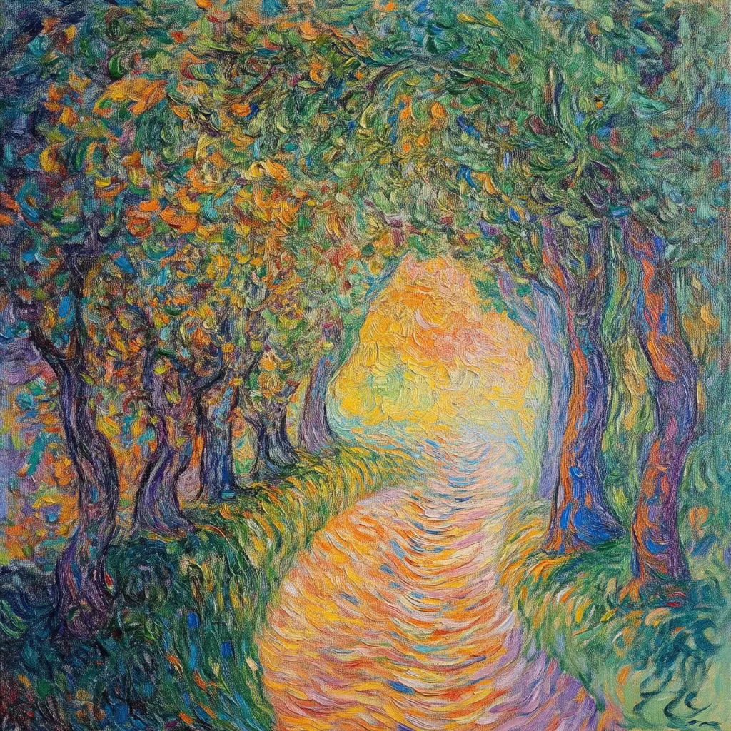 The painting depicts a winding path through a forest, bathed in warm, golden light. The trees, with their vibrant greens and blues, frame the path, their branches reaching towards the sky. The path itself is rendered in a swirling, textured style, suggesting a sense of movement and mystery. The overall impression is one of tranquility and wonder, inviting the viewer to explore the unknown.