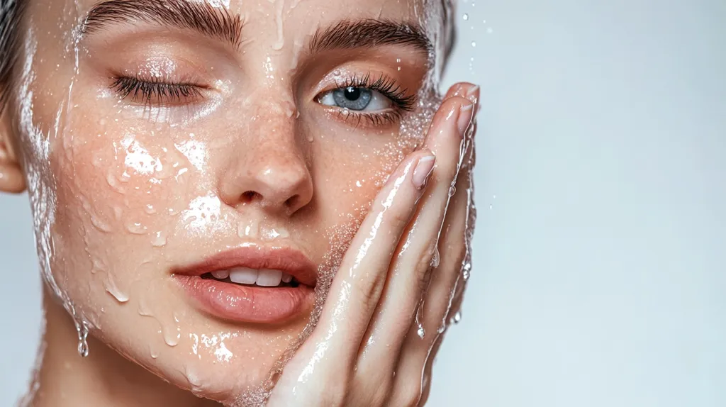 A close-up shot of a woman's face with water cascading down her cheek and dripping off her chin. Her right eye is closed, but her left eye is open, staring intently at the camera. The water creates a glistening effect on her skin, making it appear dewy and radiant. Her hand is cupped near her face, as if catching the falling water droplets. The background is a plain, light grey.