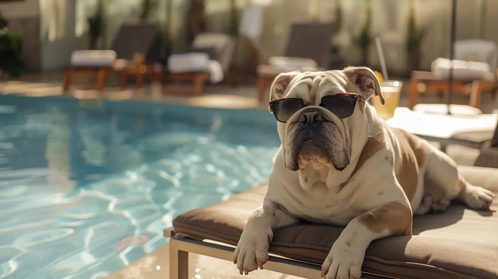 A bulldog wearing sunglasses is relaxing on a lounger by a swimming pool. The dog is looking towards the camera with a relaxed expression.  The pool is in the background, with the water sparkling in the sunlight. There is a patio with chairs and a table.  The dog seems to be enjoying the sun and the calm atmosphere.
