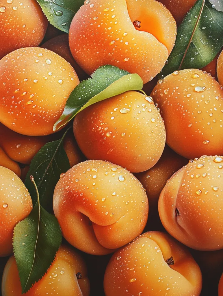 A close-up shot of a pile of ripe apricots, glistening with water droplets. The apricots are arranged in a tight cluster, with their smooth, velvety skins and vibrant orange hues. Green leaves peek out from between the fruits, adding a touch of freshness to the scene. The image captures the beauty of nature's bounty, showcasing the simple yet exquisite details of these juicy summer treats.