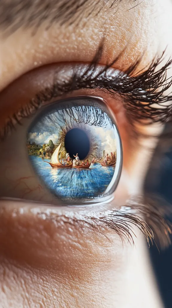 A close-up of an eye with a reflection of a painting inside the pupil. The painting depicts a boat with people on it sailing on a body of water, surrounded by lush greenery. The eye is partially closed, showing long eyelashes. The reflection in the eye adds a surreal and dreamlike quality to the image.