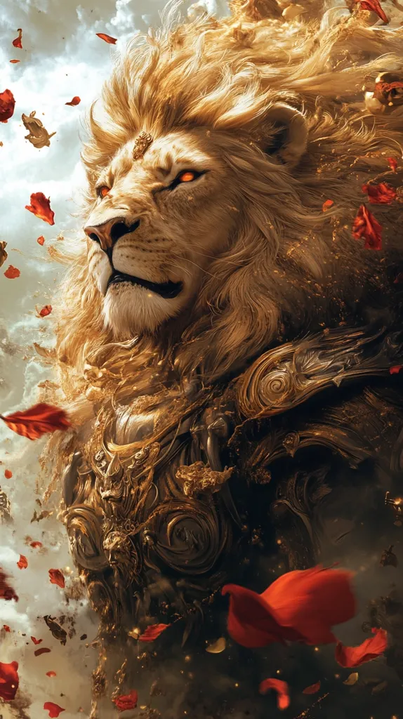 A majestic lion, adorned with golden armor and a flowing mane, stands against a backdrop of swirling clouds and scattered red petals. The lion's piercing gaze and intense expression convey a sense of power and authority. The intricate details of the armor and the ethereal atmosphere surrounding the creature create a sense of grandeur and mystery.