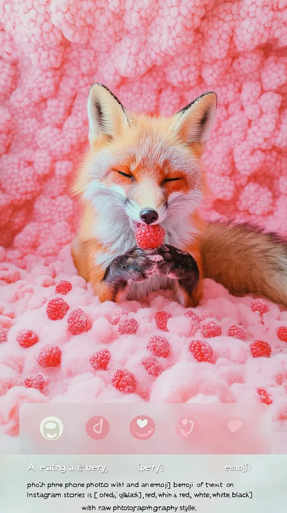 A fox with its eyes closed is eating a raspberry while sitting in a bed of raspberries. The image has a soft, pink color scheme and a dreamy, whimsical feel. The fox is surrounded by a pink fluffy cloud, suggesting a fairytale-like setting.