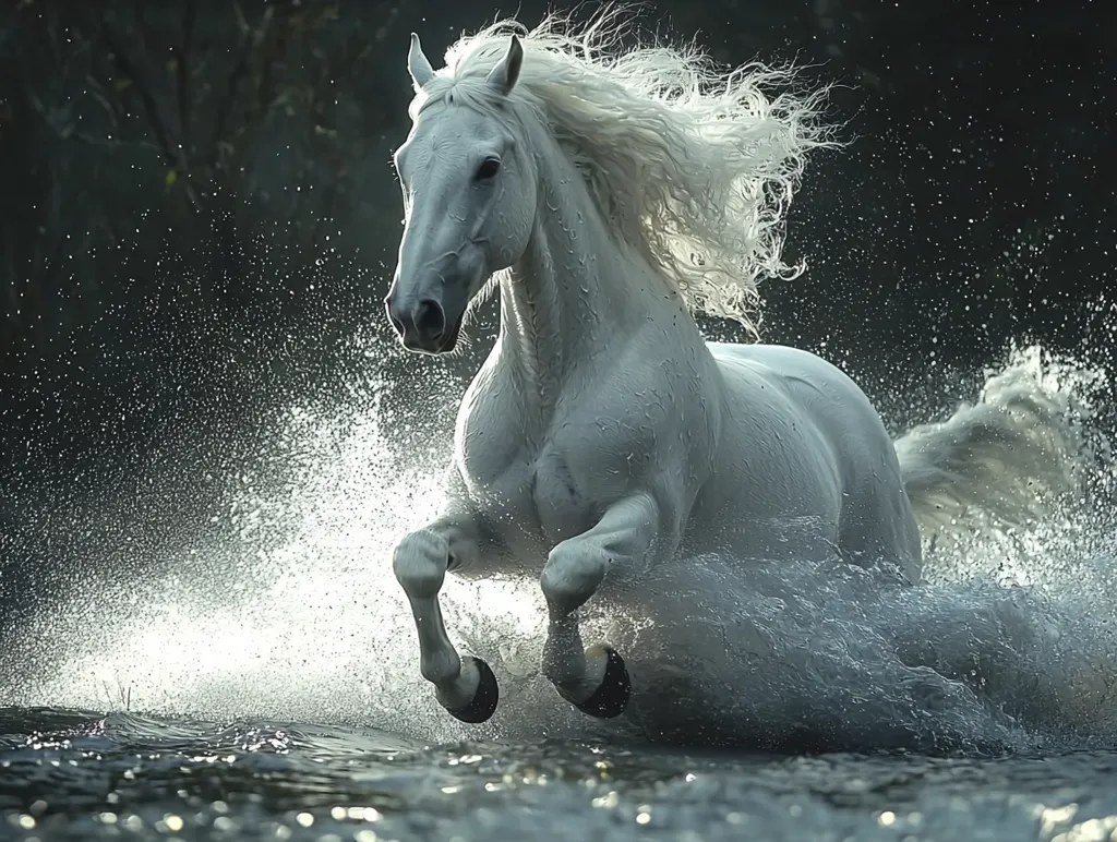 A majestic white horse with a flowing mane bursts through the water, its powerful legs propelling it forward. Water droplets sparkle around the horse, creating a magical and ethereal scene. The horse's white coat and the dark background make it stand out, showcasing its grace and beauty. The image captures a moment of pure energy and freedom.