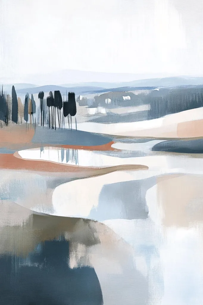 The image is a stylized landscape painting. It features a row of dark trees in the foreground, followed by a series of abstract shapes in shades of blue, grey, and beige, creating a sense of depth and distance. The overall effect is one of serenity and tranquility. The sky is a muted white, with a subtle hint of blue in the distance.  The painting is done in a minimalist style, with a focus on form and color. The overall effect is one of peace and calm.