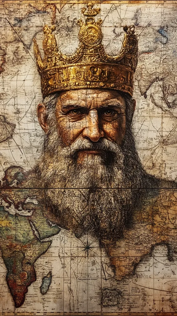 The image depicts a man's face, framed by a large, golden crown, against the backdrop of an aged, parchment-like map.  The man's weathered face has deep wrinkles and a long, thick beard, suggesting a king of great age and experience.  The map, with its intricate lines and faded details, evokes a sense of history and exploration.  The composition suggests the passage of time and the enduring legacy of a powerful leader.