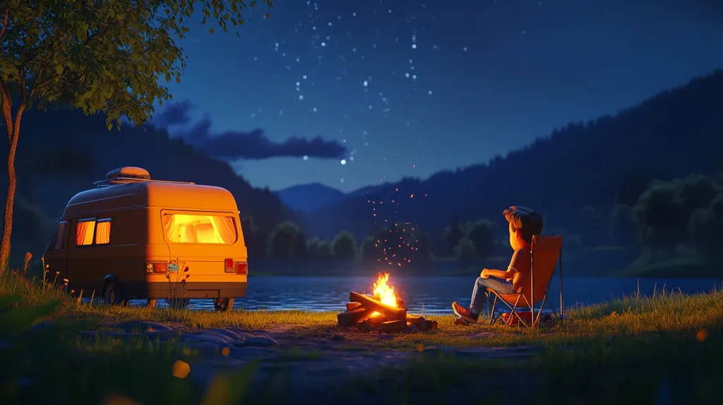 A lone camper sits by a campfire on the lakeshore, watching the stars come out. Their camper van is parked nearby, its windows glowing warmly.  The fire crackles and the night air is still and peaceful. The scene is idyllic and tranquil, a perfect escape from the hustle and bustle of everyday life.