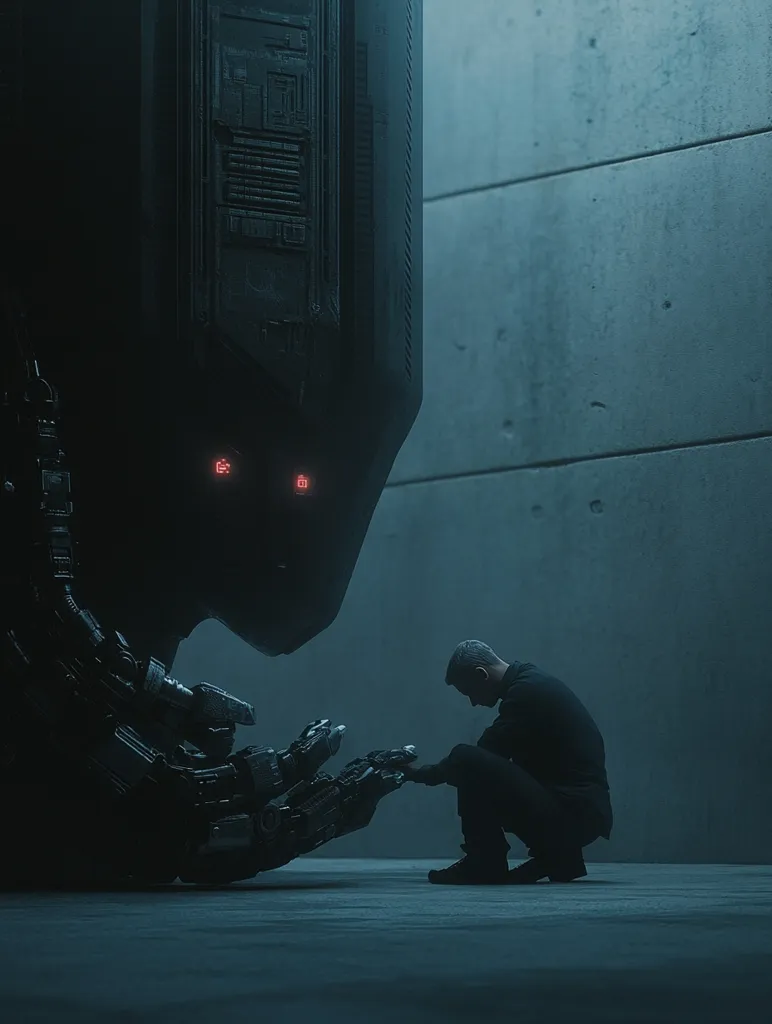 A man kneels before a large, imposing, black, robot-like structure.  The robot has red glowing eyes and a complex mechanical arm that reaches towards the man. The image has a stark, futuristic aesthetic and suggests a relationship of power or dependence between man and machine. The concrete backdrop enhances the sense of an industrial setting.  The overall mood is one of mystery and tension.