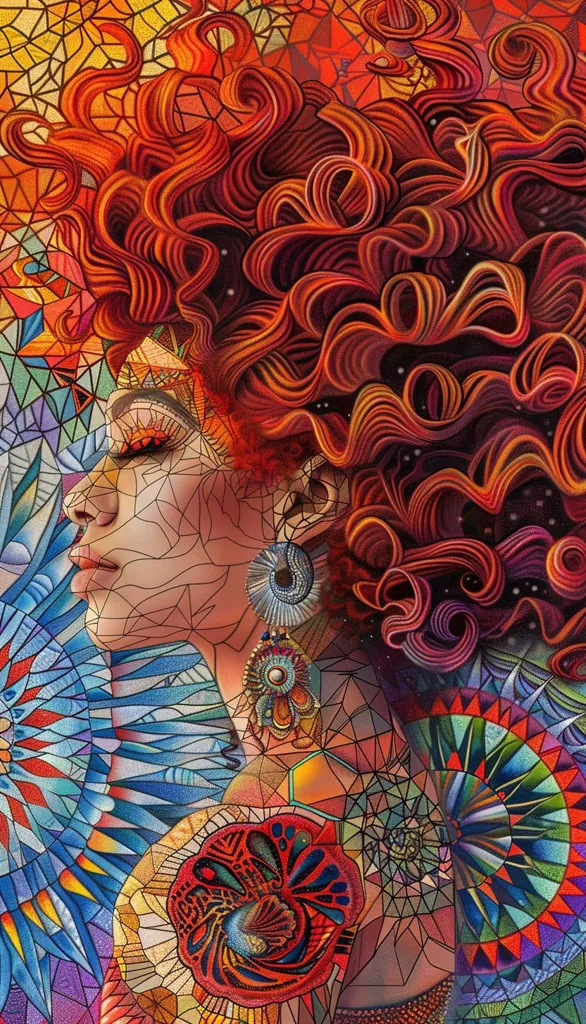 A digital artwork depicting a woman with fiery red hair and a face formed by a mosaic of colorful geometric shapes. The background is a swirling tapestry of vibrant colors, reminiscent of stained glass. Her eyes are closed, and she has a large ornate earring. The overall effect is a fusion of abstract art and a portrait, creating a sense of both beauty and mystery.