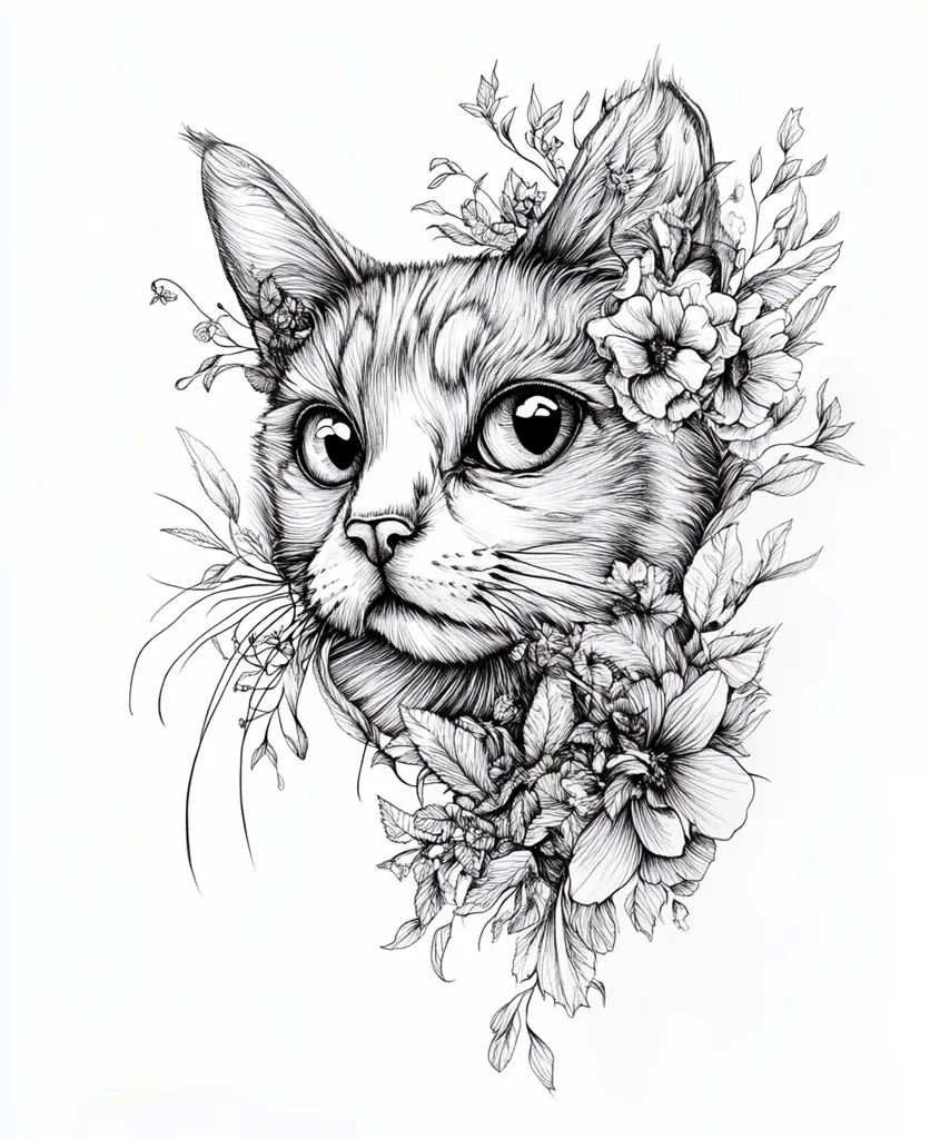 A detailed black and white pen and ink drawing of a cat's face. The cat is looking off to the side with its whiskers extending outward. Its head is surrounded by a large bouquet of flowers. The intricate detail of the drawing showcases the beauty of the cat and flowers.