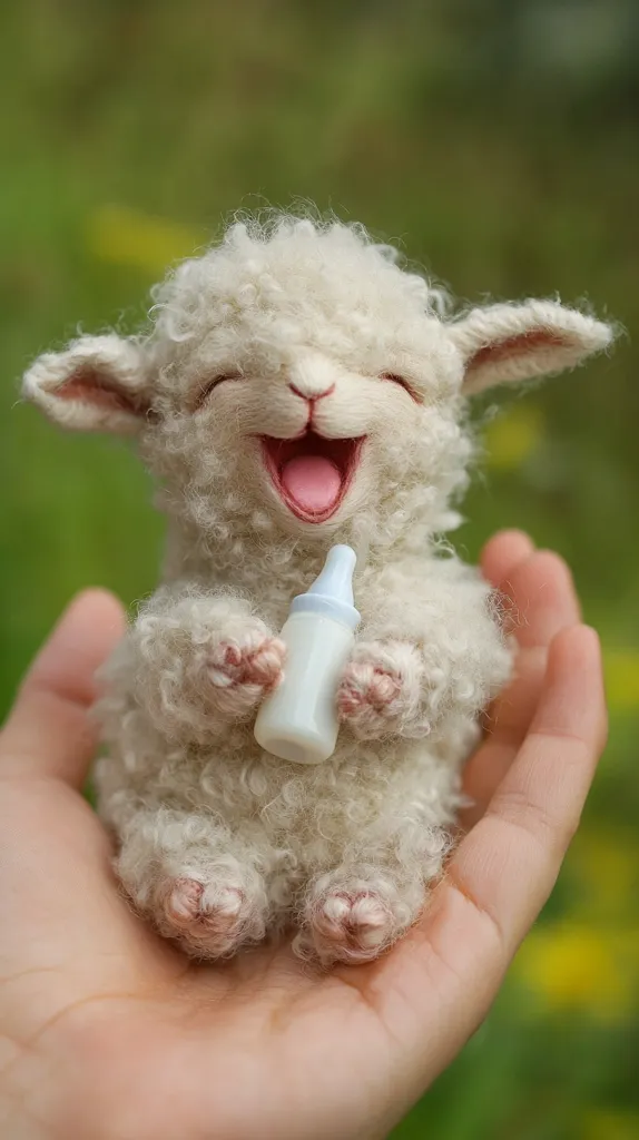 A small, fluffy, white lamb sits in an open hand, its mouth open in a wide smile. It holds a small, white bottle with a blue cap in its tiny paws. The lamb's face is soft and innocent, and its fur is incredibly soft and fluffy.  The backdrop is a blurred green field, suggesting a pastoral scene. The lamb looks happy and content.