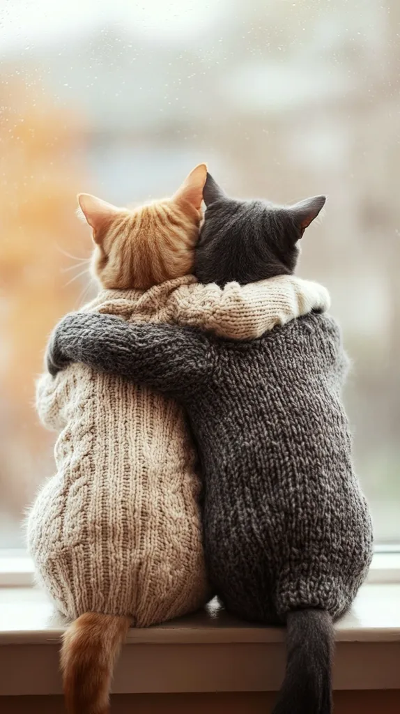 Two cats, one orange and one grey, are wearing knitted sweaters and hugging each other. They are sitting by a window, looking out at the blurry background. The cats are facing the same direction, with their tails tucked in. The image is a heartwarming representation of companionship and love.