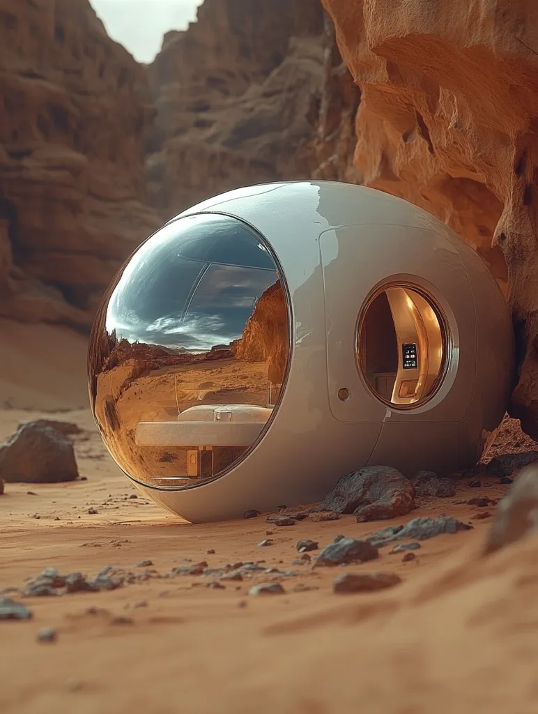 A futuristic, white, dome-shaped dwelling sits nestled in a rocky, red desert landscape. The dome's large, curved window reflects the surrounding desert, while a smaller circular window reveals a glimpse of the interior. Scattered rocks lie around the dwelling, adding to the sense of isolation and the harshness of the environment.  The image evokes a sense of wonder and exploration, suggesting the possibility of human life on other planets.