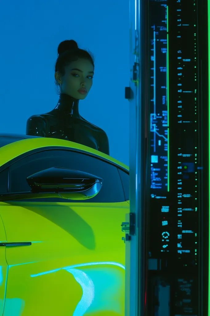 A woman in a black latex outfit leans against a bright yellow sports car. The car is partially obscured by a futuristic-looking control panel. The background is a bright blue. The image is shot in a low-key lighting style, creating a dramatic and stylish effect. The woman's expression is serious and intense, adding to the overall mood. The image is suggestive of a cyberpunk or sci-fi aesthetic.