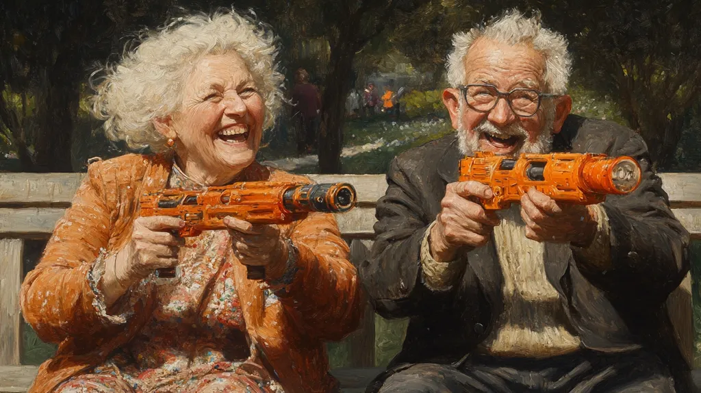 An elderly couple, a woman with white hair and an orange jacket and a man with grey hair and a black jacket, are sitting on a bench, both holding toy guns and laughing. The woman is looking to the right, and the man is looking to the left. There are trees behind them. The painting is a humorous representation of the elderly couple's playful nature.